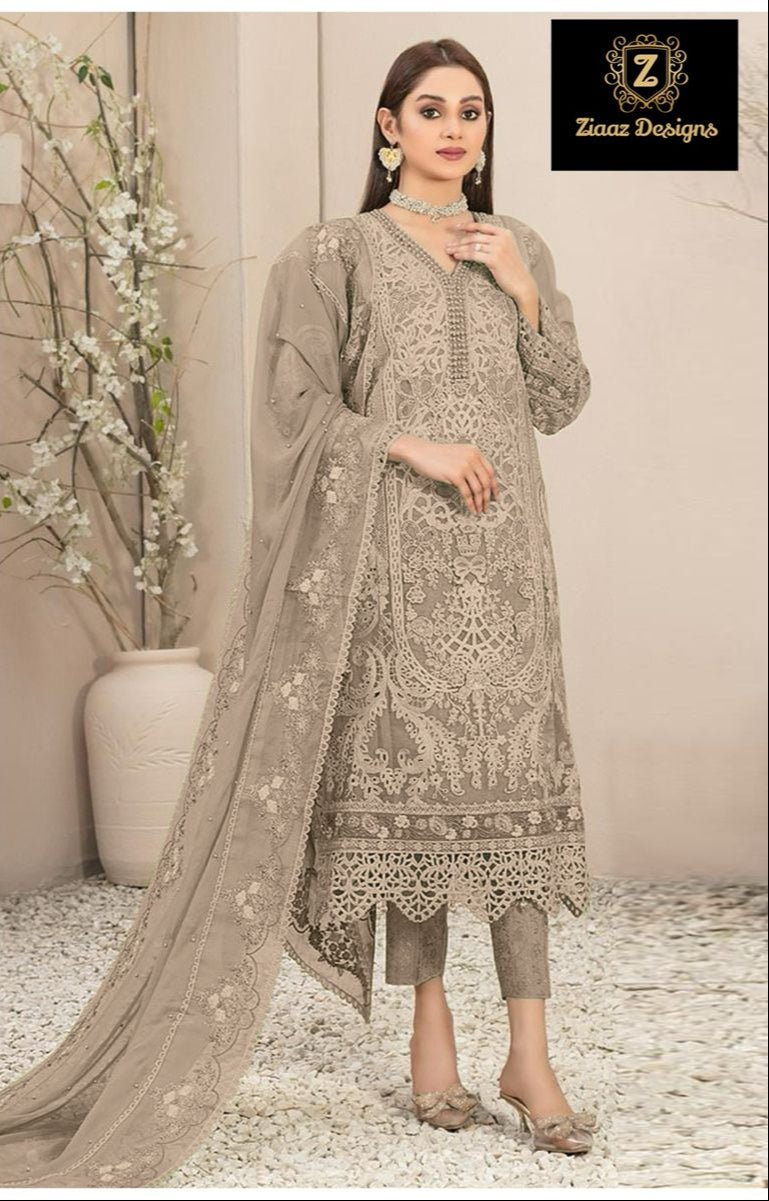 Ziaaz Code 740 A Organza Handwork Moti Work Cutwork Semi Stitched Paki