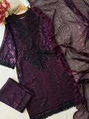 Purple Cotton Printed Suit Set with Black Embroidery