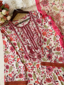 Pink Floral Printed Cotton Pakistani Suit Set with Embroidered Neckline & Dupatta for Women