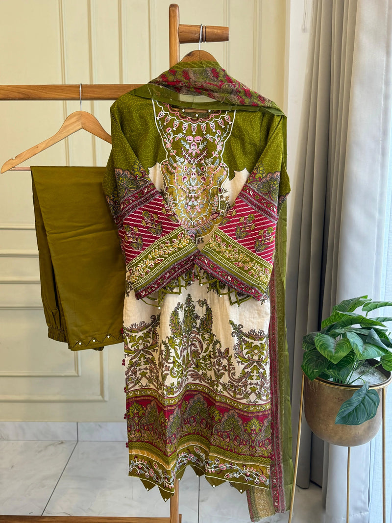 AL Zohaib 1287 B Green Cotton Embrodairy Floral Pakistani Suits