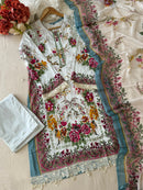 Embroidered Cotton Pakistani Suit with Floral Dupatta