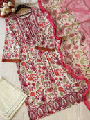 Pink Floral Printed Cotton Pakistani Suit Set with Embroidered Neckline & Dupatta for Women