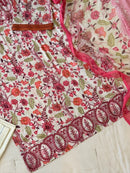 Pink Floral Printed Cotton Pakistani Suit Set with Embroidered Neckline & Dupatta for Women