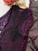 Purple Cotton Printed Suit Set with Black Embroidery