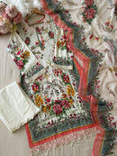 White Floral Printed Casual Cotton Suit