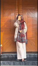 Elegant Pakistani Lawn Suit Paired With A Rich Maroon Dupatta