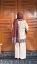 Elegant Pakistani Lawn Suit Paired With A Rich Maroon Dupatta