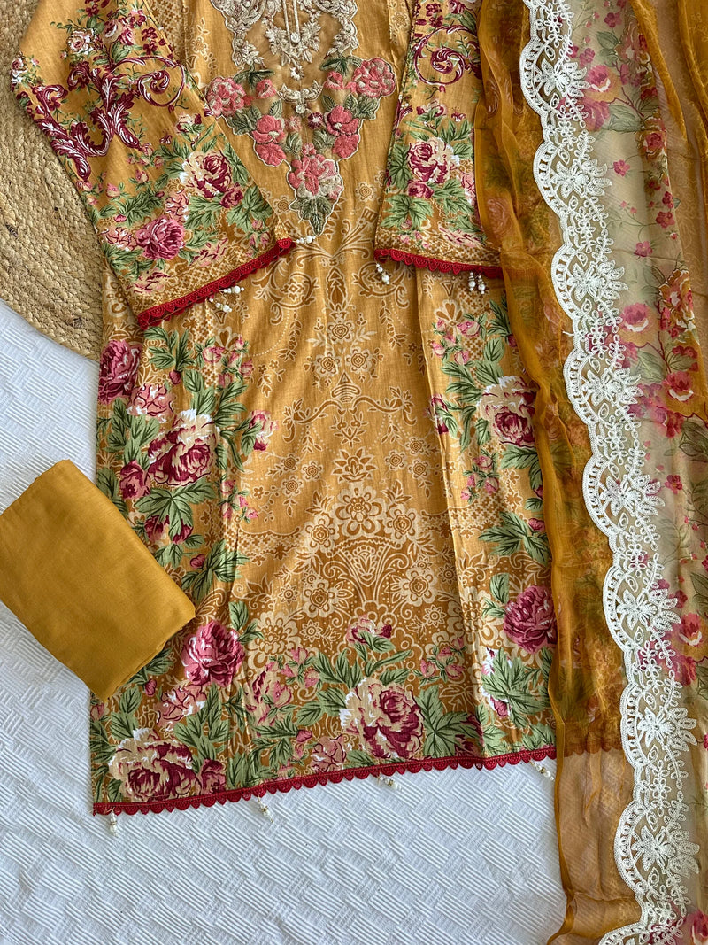Mustard Yellow Digital Floral Print Cotton Suit