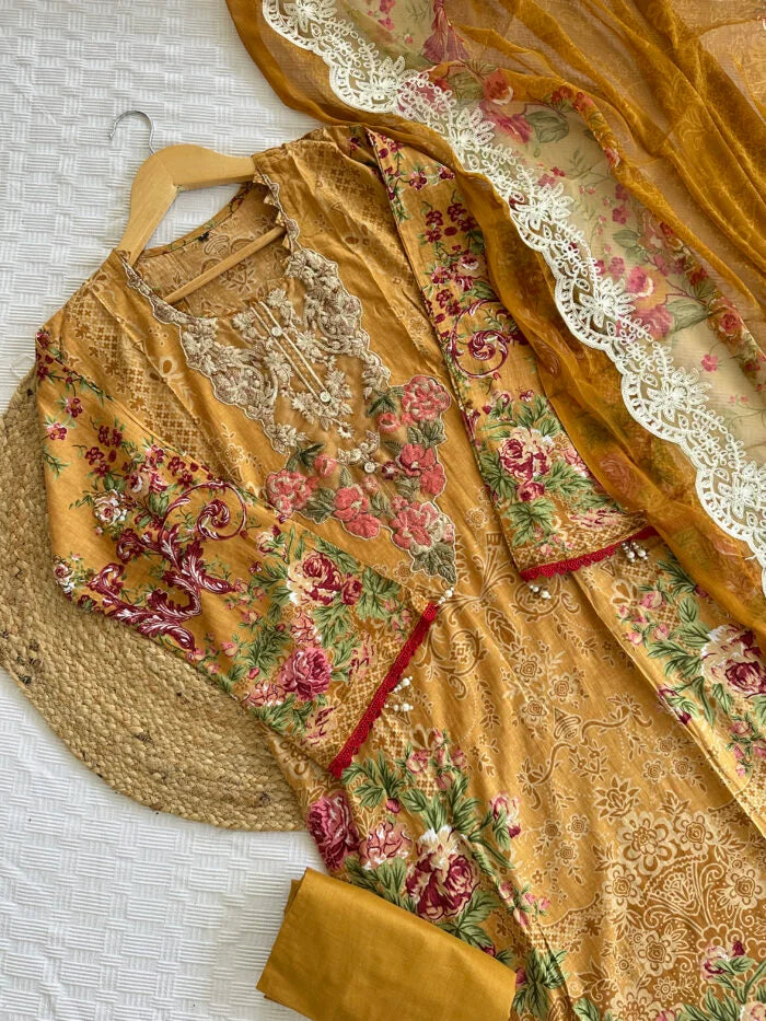 Mustard Yellow Digital Floral Print Cotton Suit
