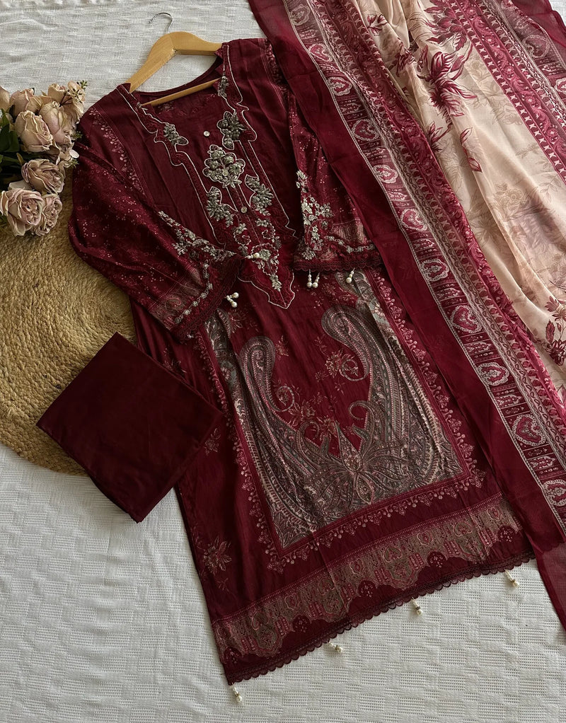 Luxury Maroon Embroidered Piece Lawn Cotton Suit