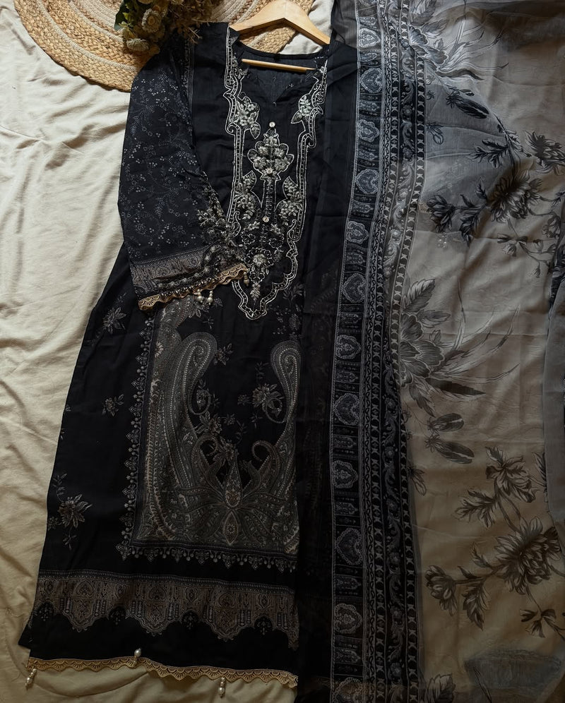 Elegant Black Embroidered Lawn Suit with Printed Dupatta