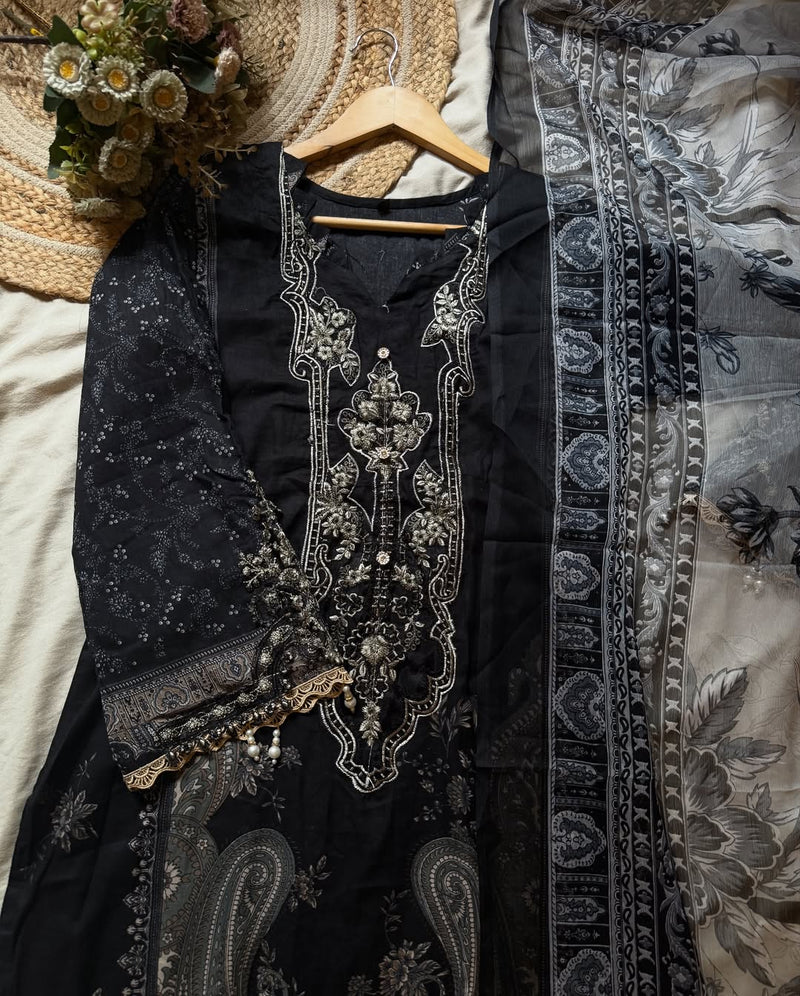 Elegant Black Embroidered Lawn Suit with Printed Dupatta