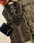 Designer Beige Cotton Suit With Black Embroidery