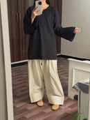Midnight Black Kurta with Lace Bell Sleeves & Cream Wide Leg Trousers Set