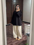 Midnight Black Kurta with Lace Bell Sleeves & Cream Wide Leg Trousers Set