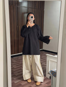 Midnight Black Kurta with Lace Bell Sleeves & Cream Wide Leg Trousers Set
