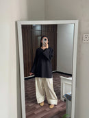 Midnight Black Kurta with Lace Bell Sleeves & Cream Wide Leg Trousers Set