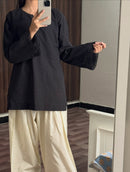 Midnight Black Kurta with Lace Bell Sleeves & Cream Wide Leg Trousers Set