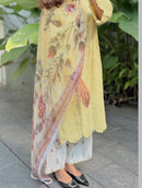 Yellow Floral Printed Kurta Pant Set with Dupatta for Women