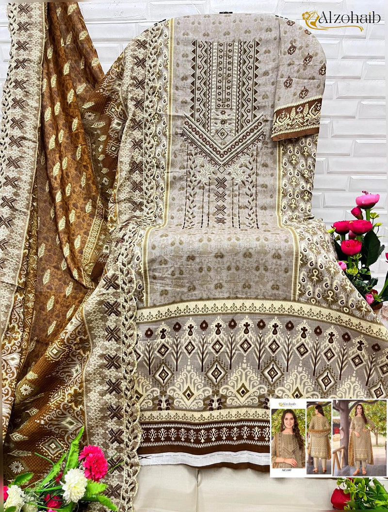 Al Zohaib Az 1106 Pure Cotton Print With Embrodairy Self Work Pakistani Suit