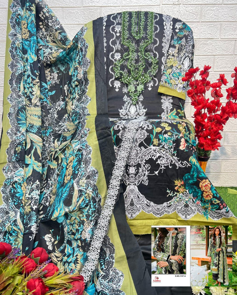 Aasha Designer 1137 A Pure Cotton Print With Exclusive Patch Embroidery Worked Pakistani Suits