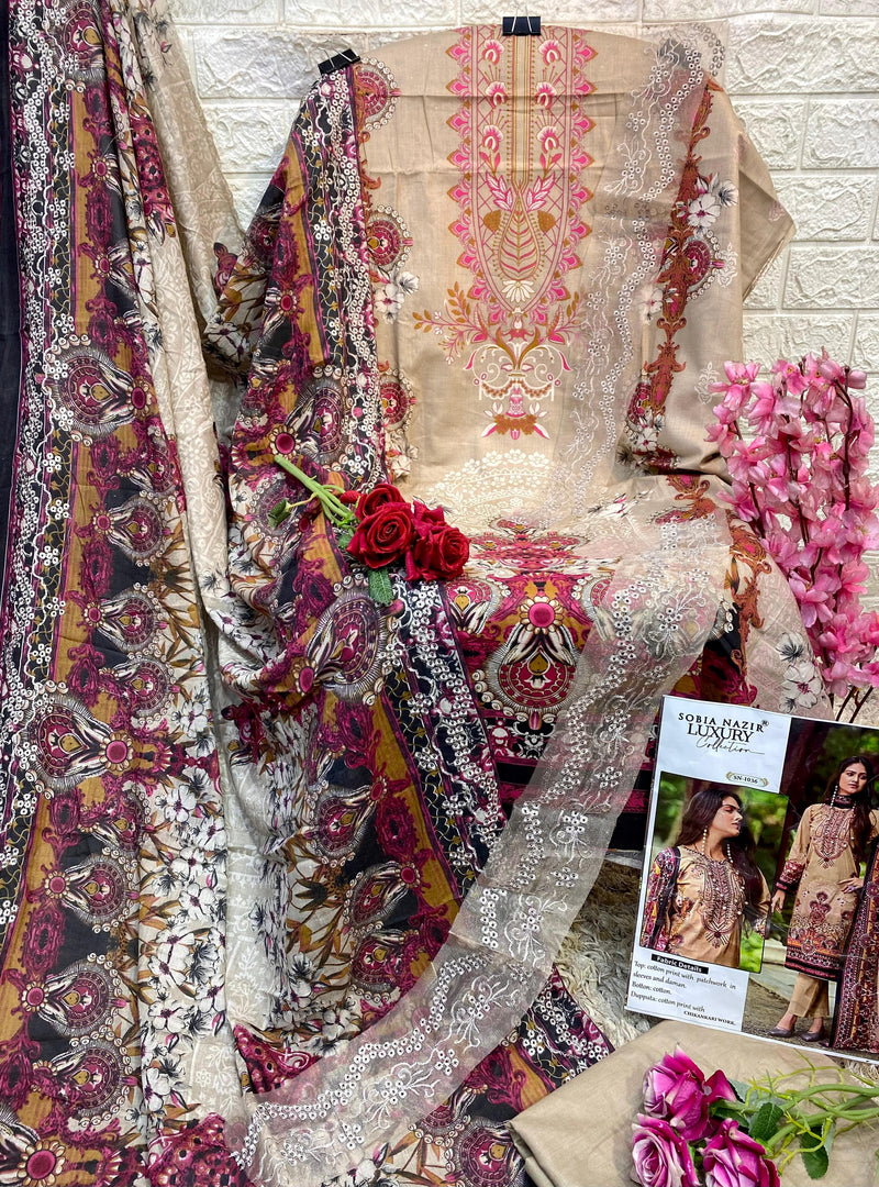 Sobia Nazir Sn 1036 Cotton Print With Patchwork In Sleeves And Daman Worked Pakistani Suits