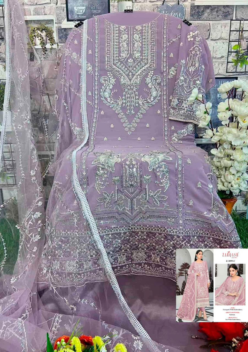 Zarqash Z 3099 C Fox Georgette Embroidered Worked Purple Color Pakistani Suits