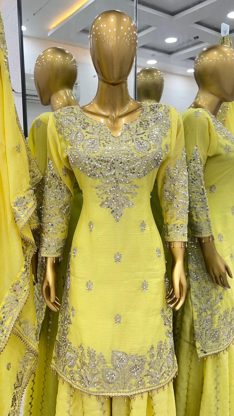 SSR 5002 Heavy Chinon Silk With Heavy Embroidery Sequence Rivet Moti Worked Pakistani Suits