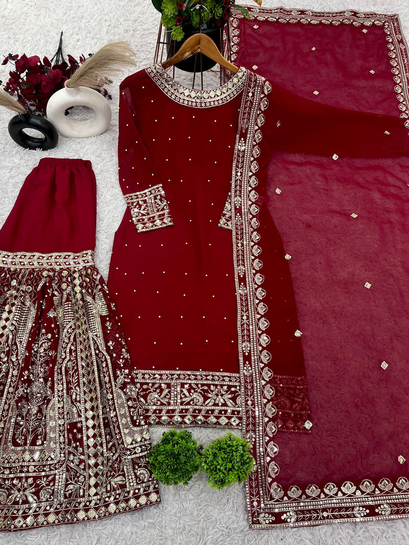 SSR 502 Embroidery Sequence Work Top Gharara And Dupatta With Rivet Moti Work Pakistani Suits