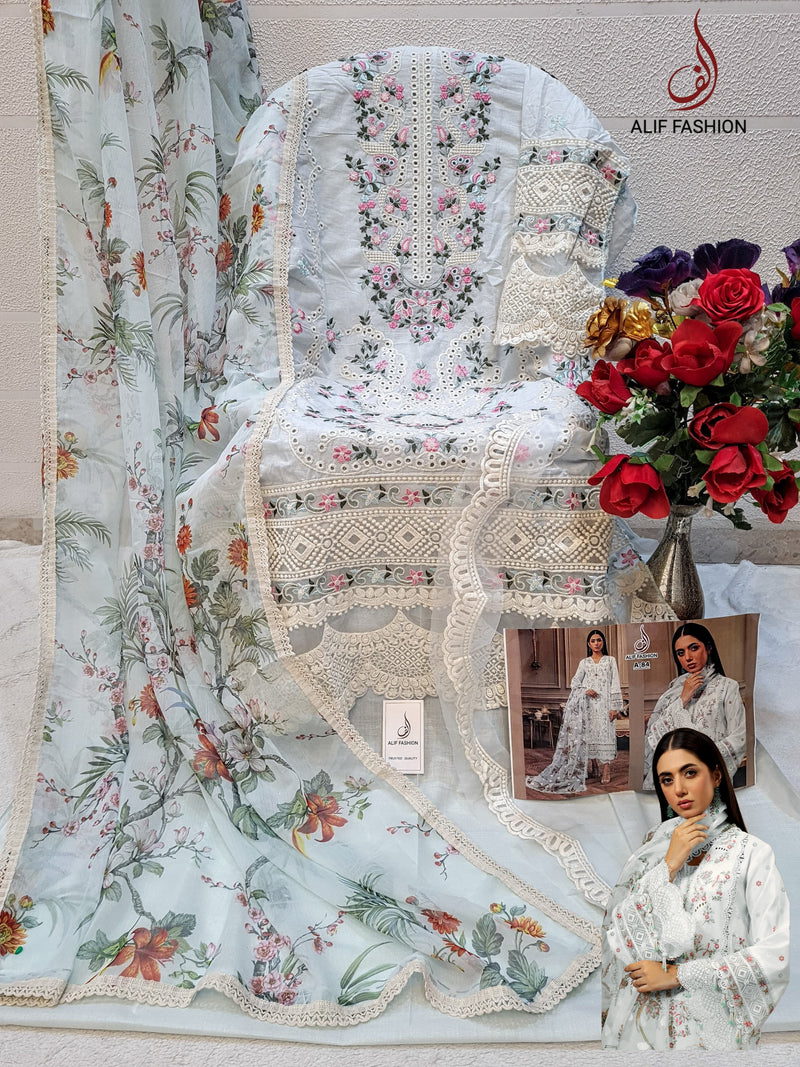 Alif  84 B Pure Cambric Cotton Embroidery And Moti Worked Pakistani Suits