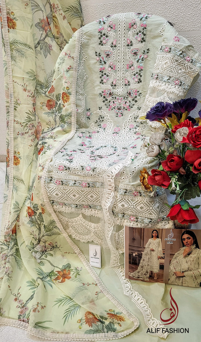 Alif  84 C Pure Cambric Cotton Embroidery And Moti Worked Pakistani Suits