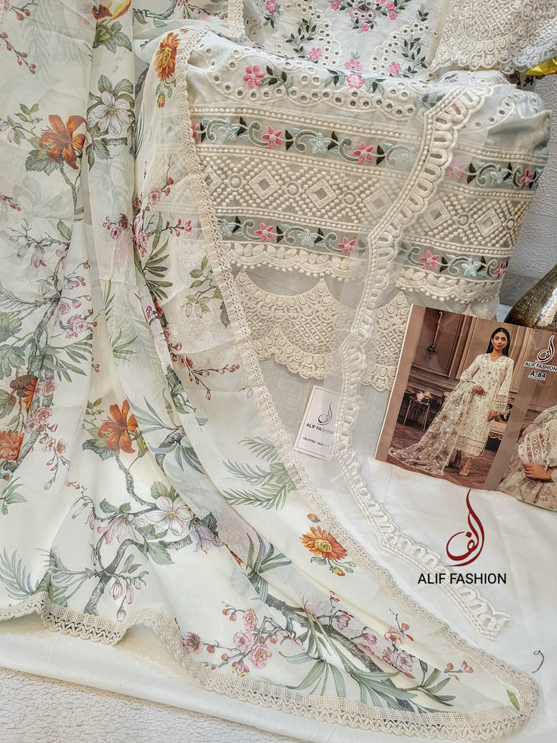 Alif  84 C Pure Cambric Cotton Embroidery And Moti Worked Pakistani Suits