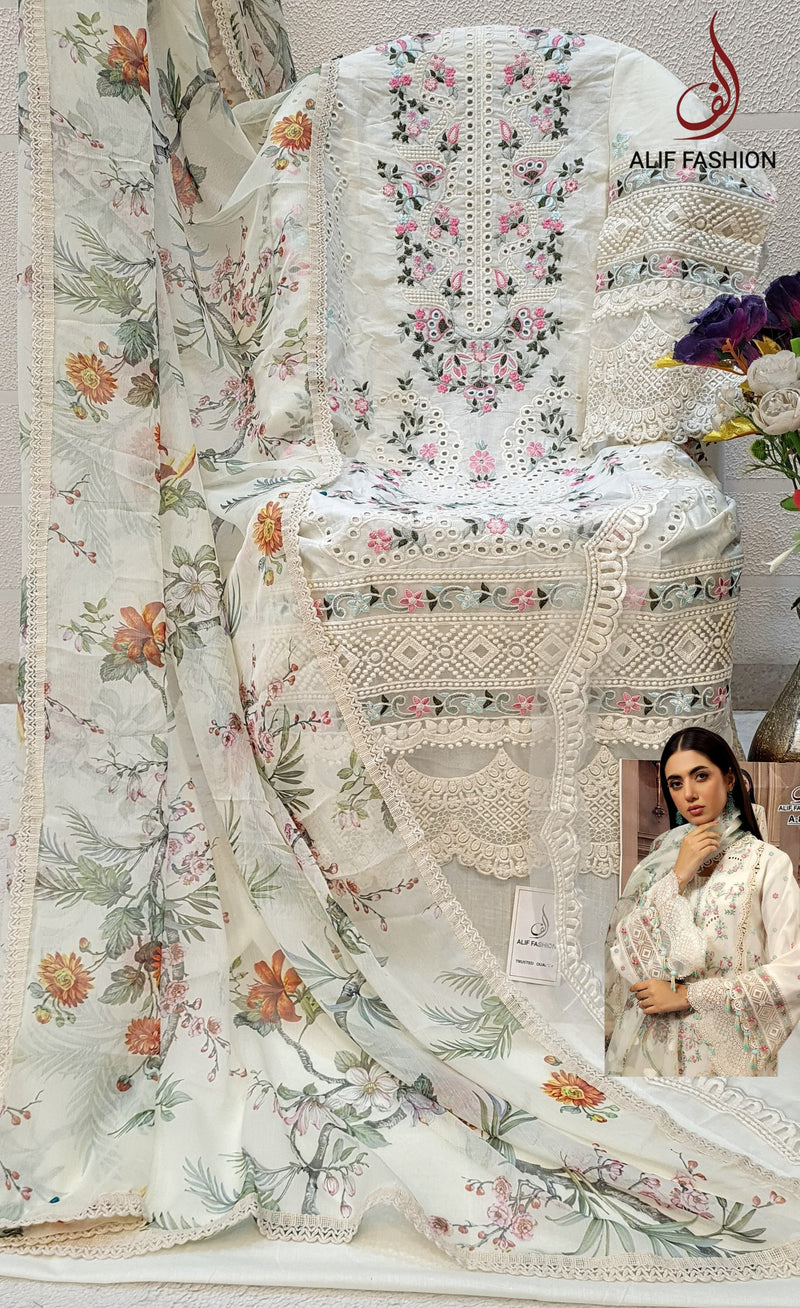 Alif  84 Pure Cambric Cotton Embroidery And Moti Worked Pakistani Suits