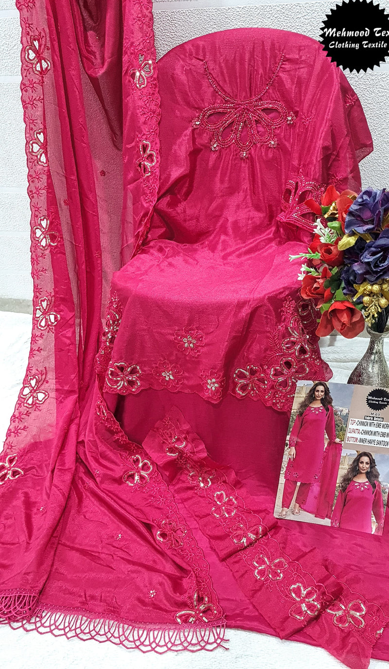 Mehmood Tex  M 69 Heavy Chinnon With Embroidery Hand Work Also Cutwork Pakistani Suits