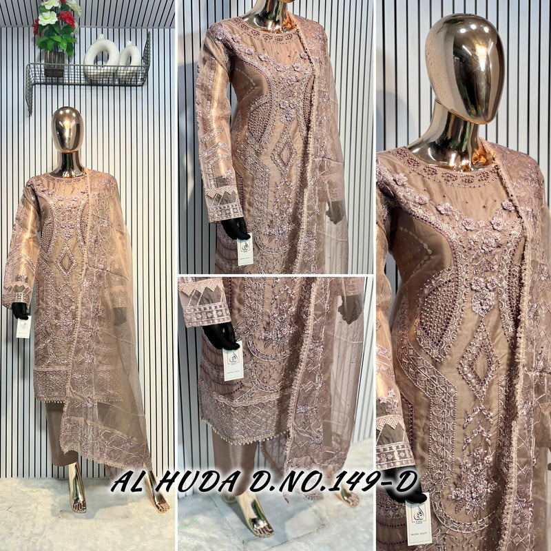 Al Huda 149 D Pure Organza  Daman Embroidered And Moti Worked Pakistani Suits