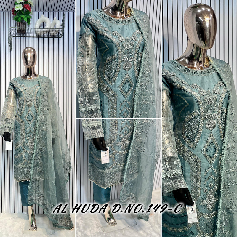 Al Huda 149 C Pure Organza  Daman Embroidered And Moti Worked Pakistani Suits