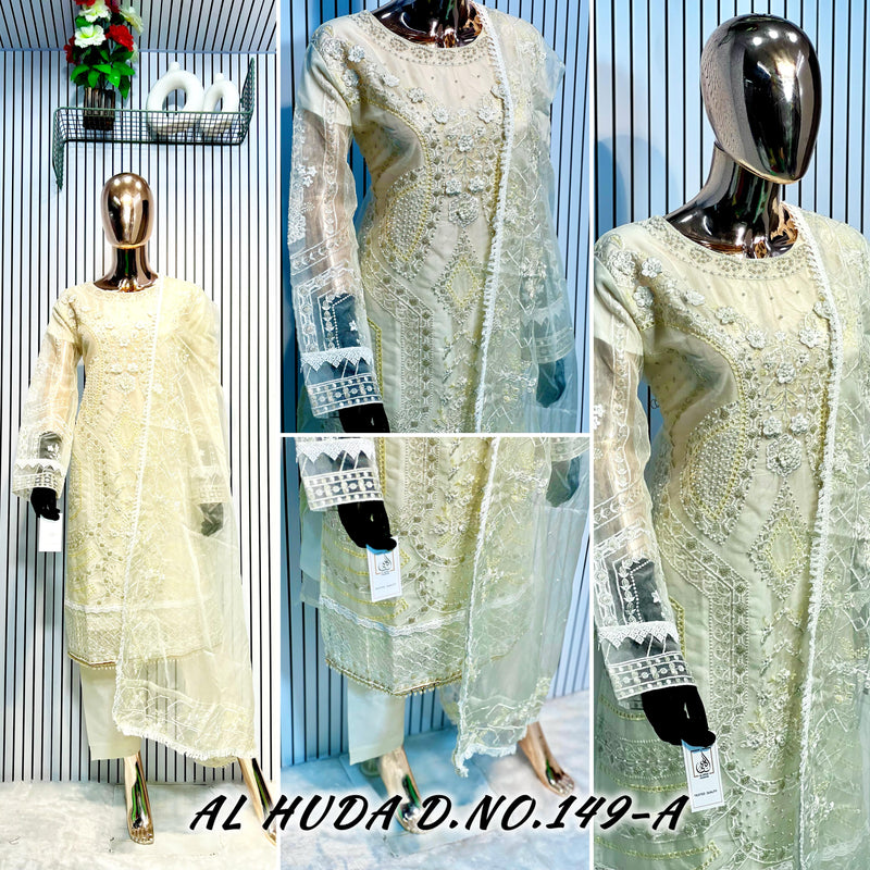 Al Huda 149 A Pure Organza  Daman Embroidered And Moti Worked Pakistani Suits