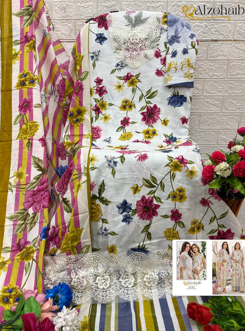 Al zohaib Az 1192 Pure Cotton Print With Heavy Embroidery Worked Pakistani Suits