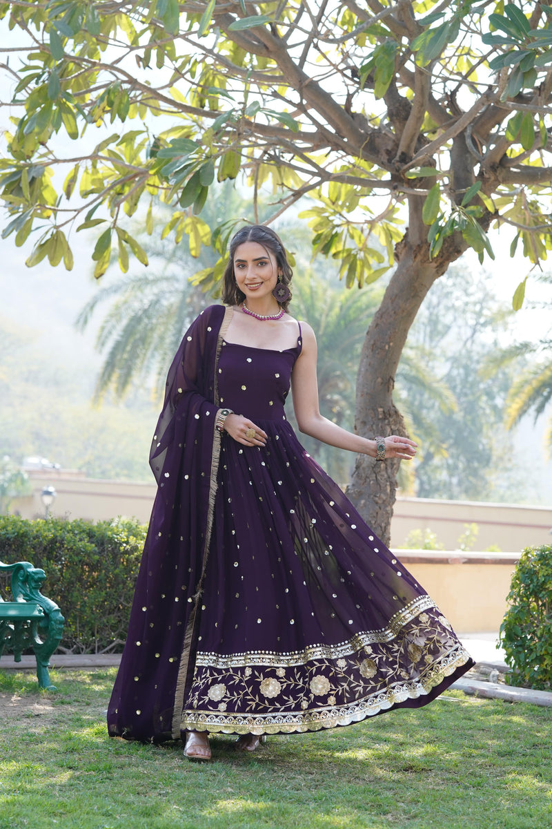 KA 1092 B Faux Blooming With Sequins Embroidered Work Gown