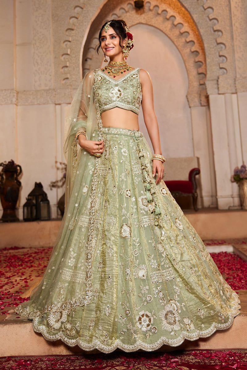 Adorn Craft 6108 Premium Quality Lime Green Pure Tissue Fabric wedding Lehenga
