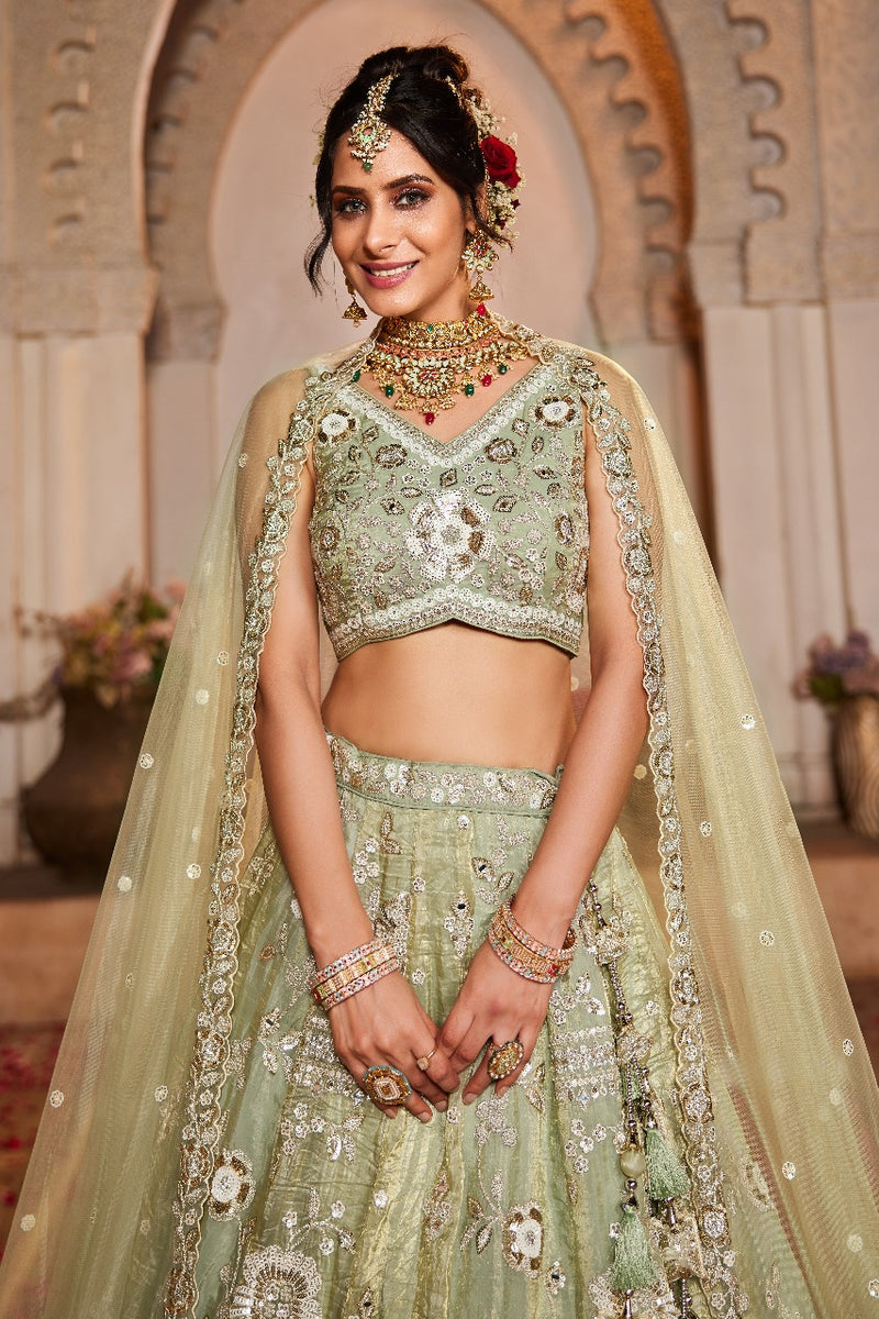 Adorn Craft 6108 Premium Quality Lime Green Pure Tissue Fabric wedding Lehenga
