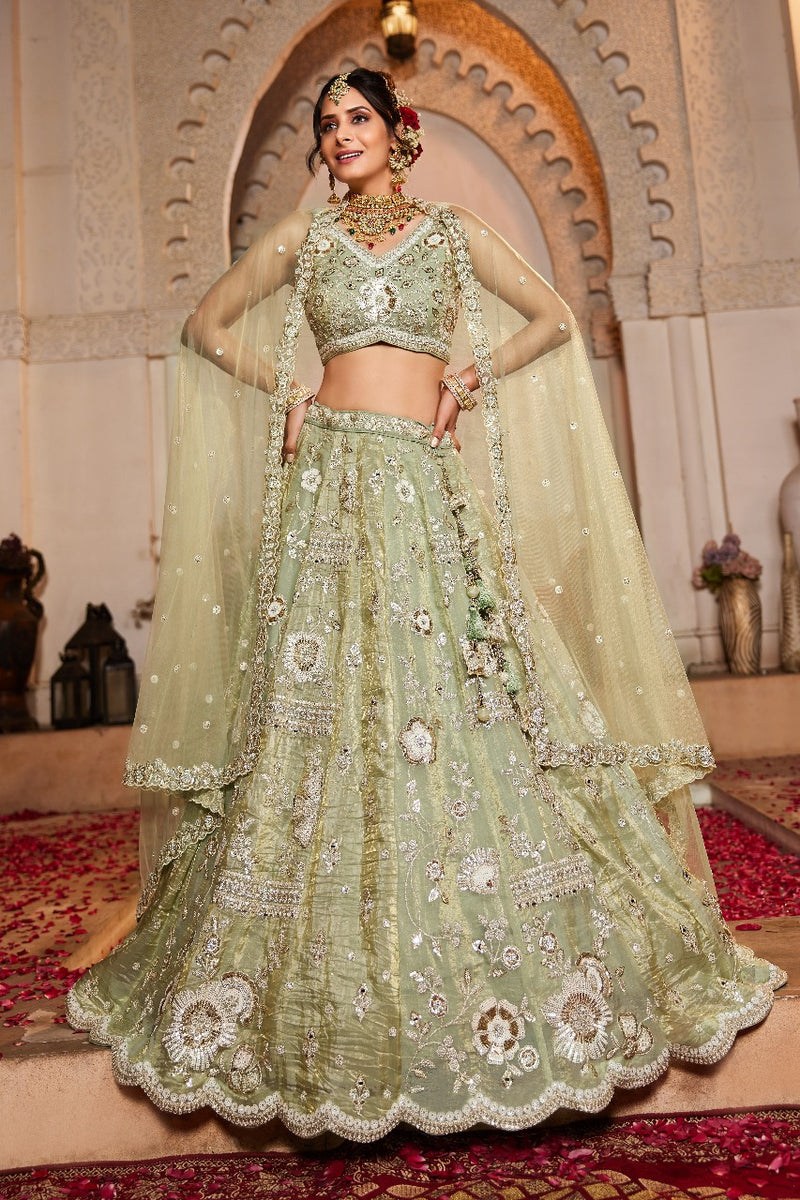 Adorn Craft 6108 Premium Quality Lime Green Pure Tissue Fabric wedding Lehenga
