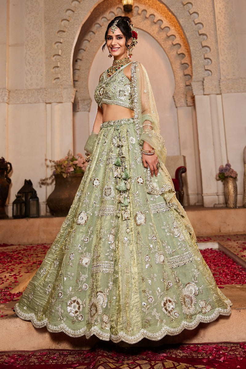 Adorn Craft 6108 Premium Quality Lime Green Pure Tissue Fabric wedding Lehenga