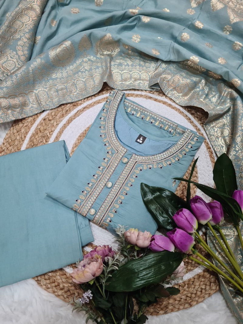Shalini 8984 Pure Viscose Chanderi With Sequence Embroidery Work Kurti