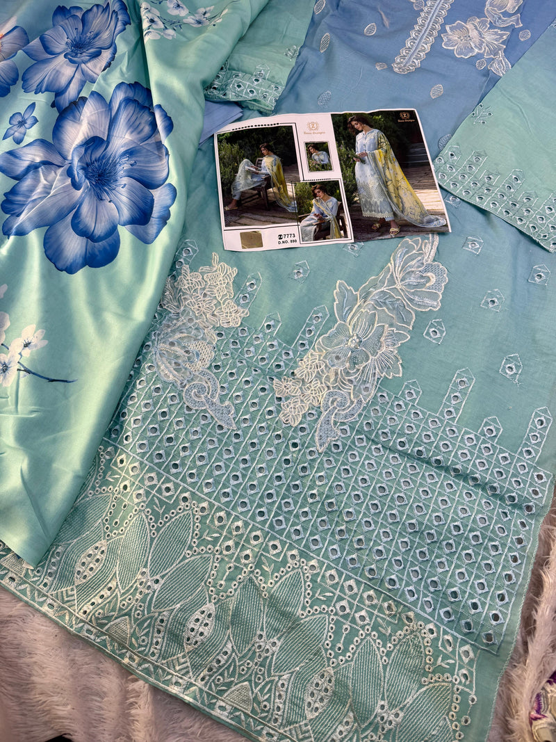 Ziaaz Designs Code 890 Cambric Cotton Chikenkari Shaded Semi Stitched Pakistani Suits