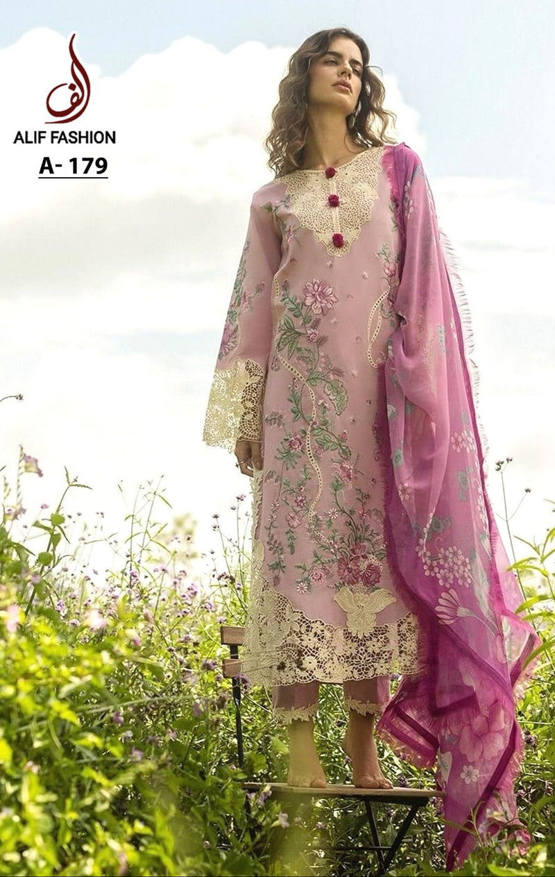 Alif Fashion 179 Pure Cotton With Heavy Embroidery Moti Work Pakistani Suits