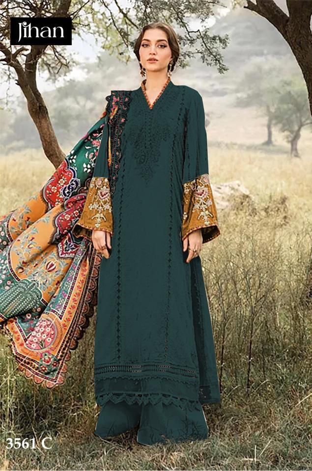 Jihan 3561 C Pure Heavy Reyon Cotton Dyed With Heavy Kasmiri Self Embroidery Work Pakistani Suits