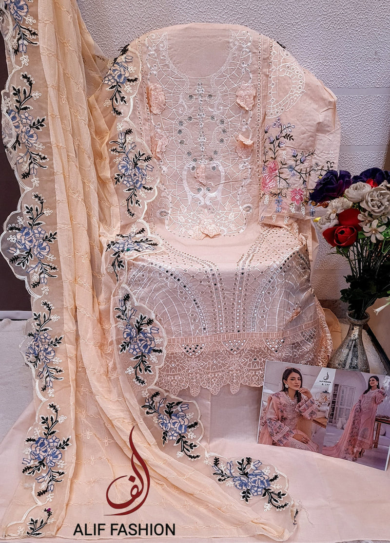 Alif A 177 A Pure Cotton With Heavy Embroidery Work With Jarkan Work Pakistani Suits