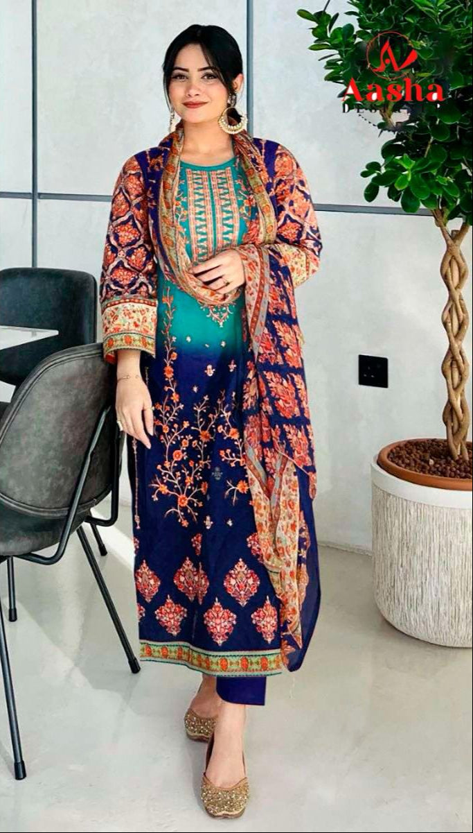 Aasha Designer 1042 B Pure Cotton Print With Heavy  Self Embroidery Worked Pakistani Suits