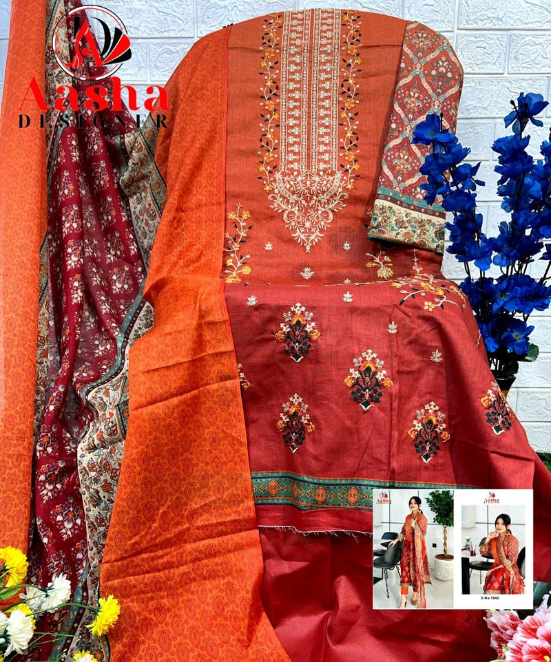 Aasha Designer 1042 A Pure Cotton Print With Heavy  Self Embroidery Worked Pakistani Suits